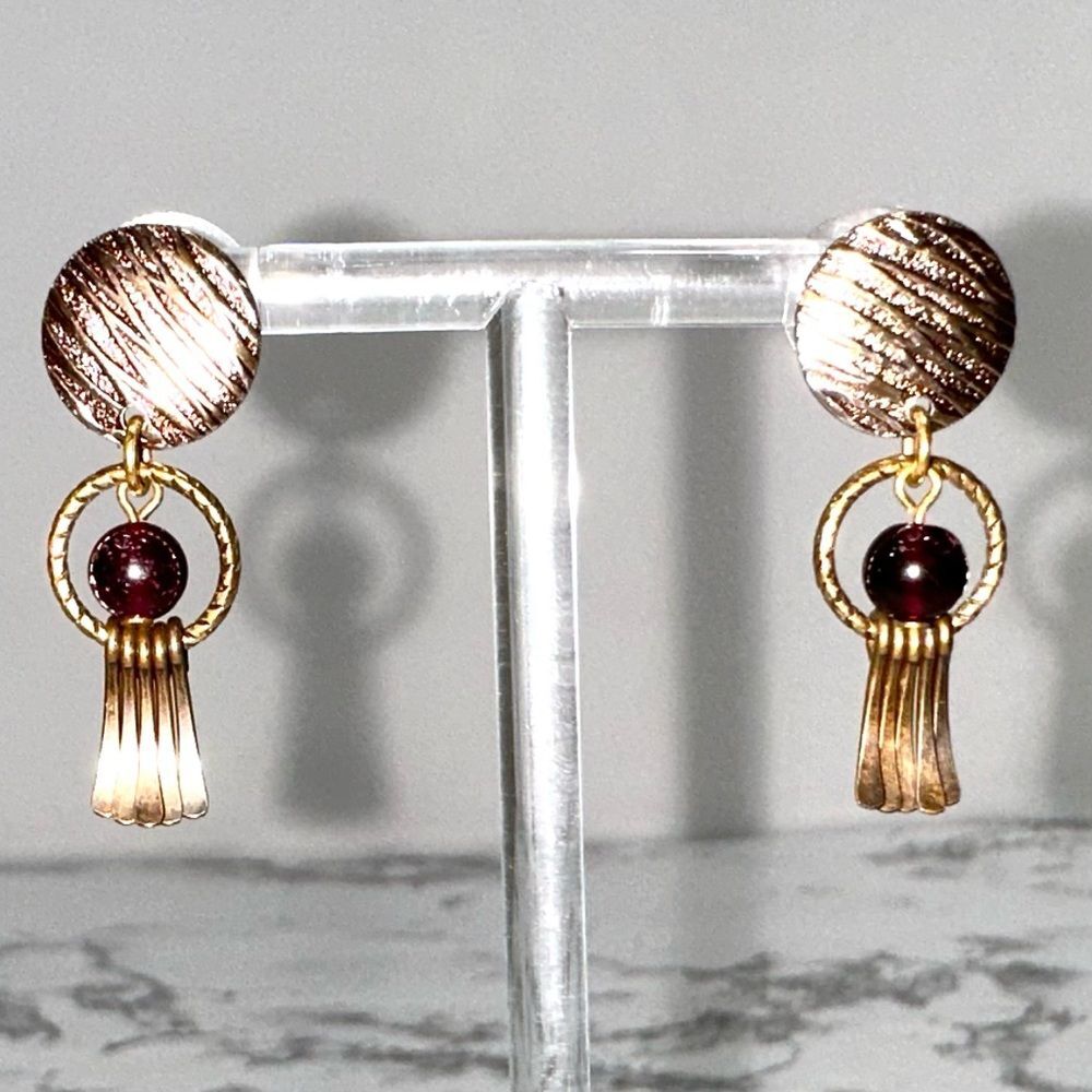 Vintage Victorian Style Garnet Tone Bead Tassel Earrings